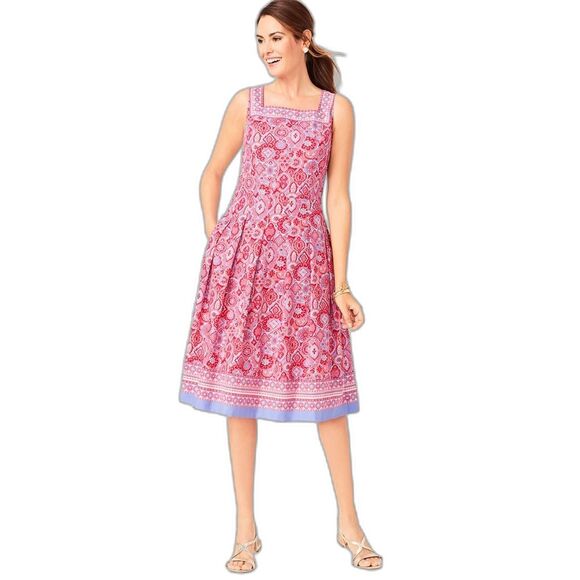 Talbots Medallion Fit & Flare Midi Dress Women's Size 10 Red & Blue Paisley - Picture 1 of 12